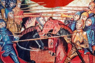 mounted medieval knights in battle in ken welsh