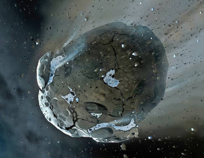 Kaya örnekleri alınması hedeflenen asteroidin gerçek fotoğraflara dayalı sanatsal çizimi.