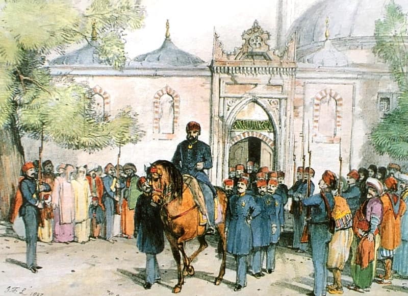 John Frederick Lewis tarafından 1838'de çizilen resimde Sultan II. Mahmud'un Cuma Selamlığı'nda