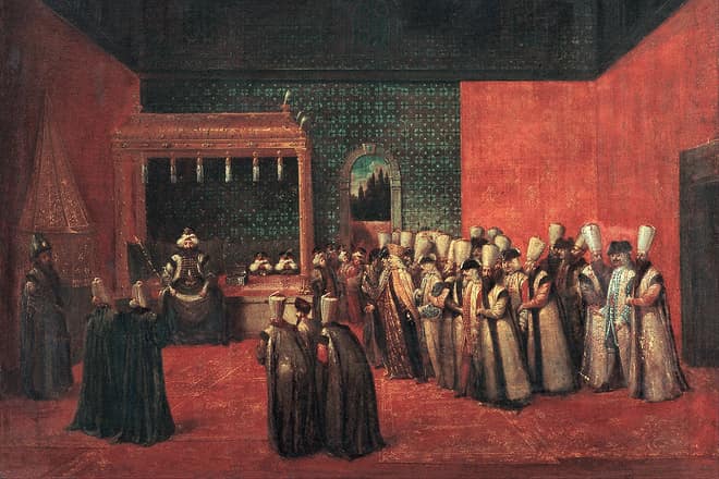 Jean Baptiste Van Mour'un 1724'te İstanbul'da çizdiği III. Ahmed'in Avrupalı elçileri kabulü