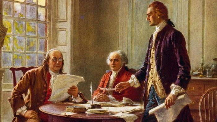 Amerikan Bağımsızlık Bildirgesi / Benjamin Franklin ve John Adams, ayakta duran Thomas Jefferson ile bir taslak üzerinde çalışmak üzere bir araya geliyor
