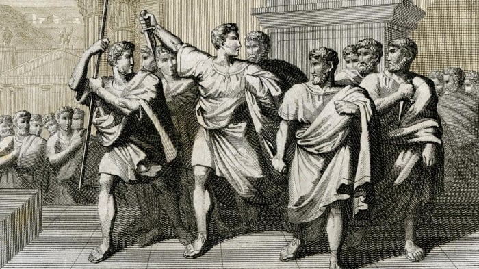 Julius Caesar suikasti sonrasında Brutus ve diğer komplocular.
