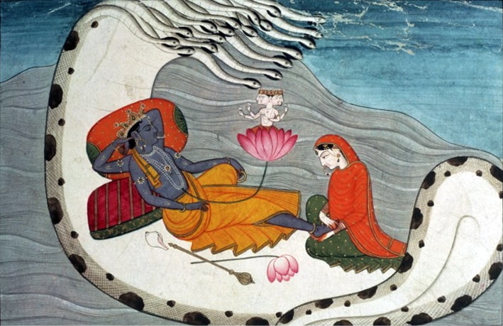 Evrensel düzenin koruyucusu tanrı Vişnu ''sonsuzluk yılanının'' kıvrımlarında uyurken / Hinduizm 