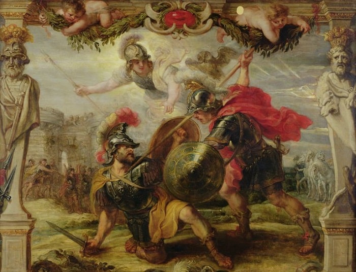 Yunanlı Akhilleus (Achilles) Truva Kralı Priamos'un oğlu Hektor'u öldürürken