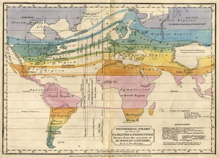 1823 tarihli bu örnek gibi Humboldt'un çalışmalarına dayanan izotermal haritalar soyut verileri çarpıcı görsel imgelere dönüştürmüştü.