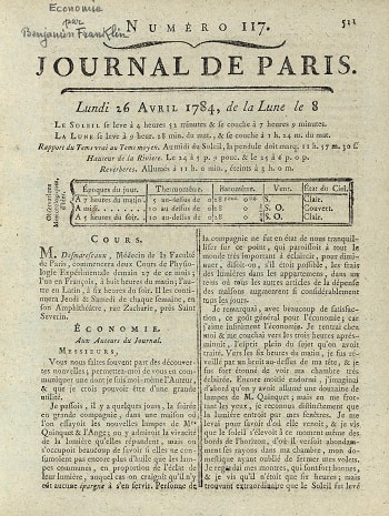 FRANKLIN, Benjamin. Economie, in Journal de Paris, Numéro 117. Paris
