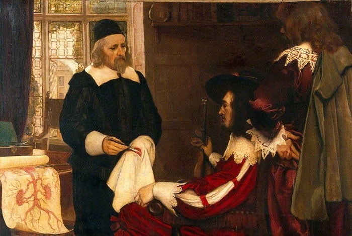 William Harvey'i hamisi I. Charles'a kan dolaşımı teorisini açıklarken gösteren Ernest Board tarafından yapılmış tablo