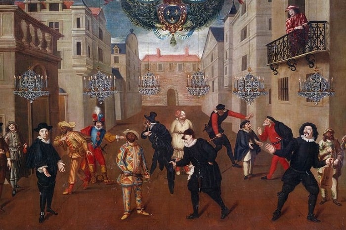 Commedia dell'arte / Fransız ve İtalyan aktörleri tasvir eden tabloda Moliere (sağdan 3.) Scaramuccia olarak görülüyor