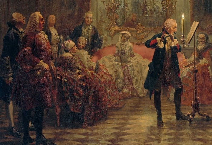 Yedi Yıl Savaşı / Acımasız ve kesin askeri disiplin kurallarına uyulmasında ısrar eden hükümlerine rağmen, Büyük Friedrich flüt dersleri alarak saray halkına konserler verirdi