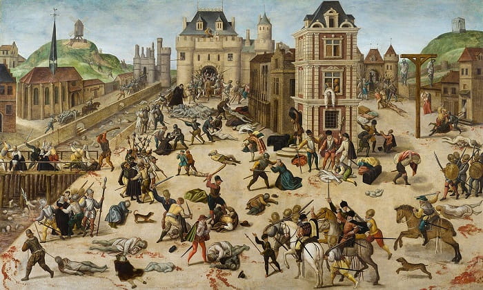 Aziz Bartolomeus Yortusu Kıyımı / Katolik birlikleri Paris'te Huguenot'ları katlediyor ve onları çırılçıplak Sen Irmağı'na atıyor