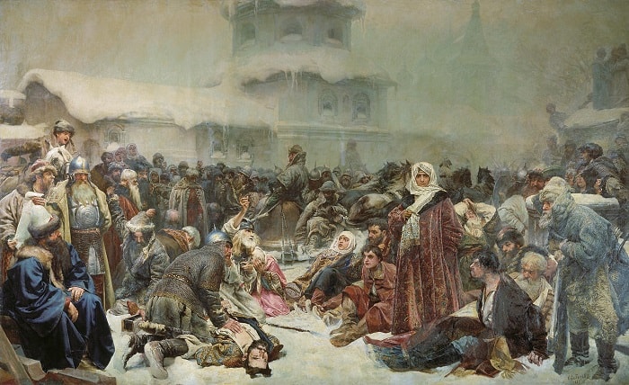 1570 yılındaki Korkunç İvan'ın Novgorod Katliam gününü anlatan bir çizim