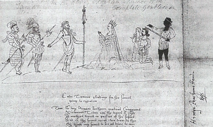 Shakespeare'in devam eden bir oyunu olan Titus Andronicus'la ilgili aynı zamana ait çizimde Kraliçe Tamora oğlunun hayatı için yalvarıyor