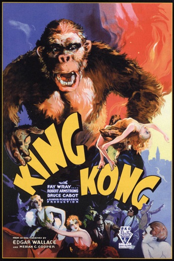 1933'e ait bir afişte King Kong, Empire State binasının tepesinde uçakları yakalarken bir pencesiyle Fay Wray'i kavramış / Hollywood'un Altın Çağı