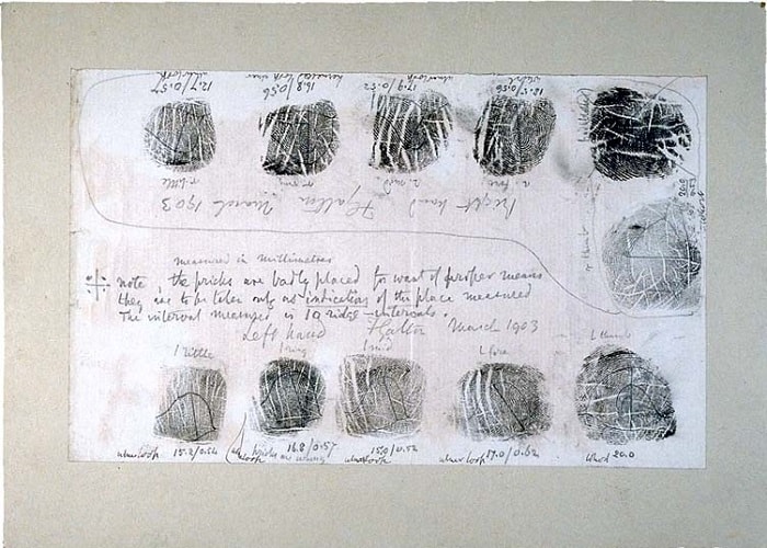 Galton'un 1892 tarihli Finger Prints (Parmak İzi) adlı çalışmasından başparmak izleri