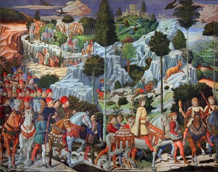 Benozzo Gozzoli İncil'deki Müneccim Krallar öyküsünü bir av partisinde betimleyen bu freskte ''Muhteşem'' Lorenzo de Medici'ye de, genç süvarı olarak yer vermiş / Rönesans