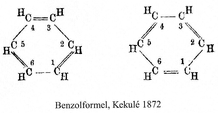 Kekule'nin benzen molekülünün halka benzeri yapısının iki denk biçimini gösteren formülü / August Kekule 