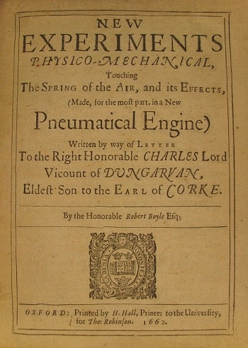 Boyle'un 1660 tarihli New Experiments (Yeni Deneyler) adlı eserinin ikinci baskısının kapak sayfası
