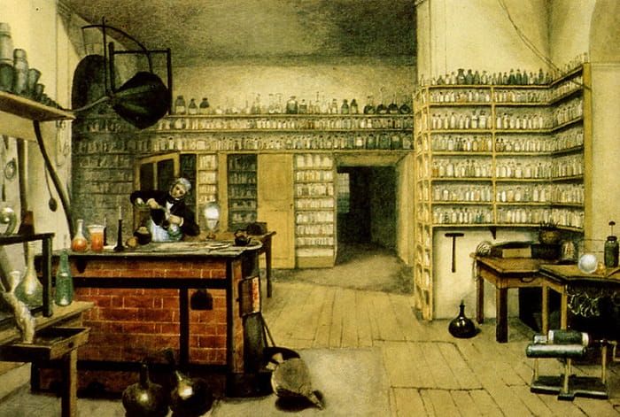 Michael Faraday, 1850'lerde Kraliyet Enstitüsü'nün bodrum katındaki laboratuvarında çalışırken. Resim Faraday'in hayatını suluboya ve çizimlerle belgeleyen Harriet Jane Moore tarafından yapılmıştır