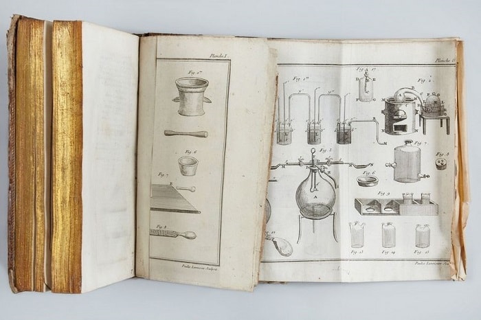 Çeşitli fırın ve damıtma aparatlarını gösteren, Madam Lavoisier tarafından Traite elementaire de chimie (Kimya Üzerine Temel İnceleme) için hazırlanmış ''Planche XIII. Des fourneaux''