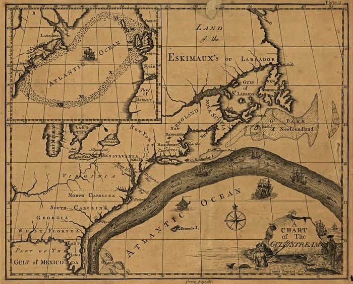 Franklin'in Gulf Stream haritası, 1786. Franklin akıntıyı keşfeden değil, ama onu ilk kez sistematik biçimde inceleyen kişidir