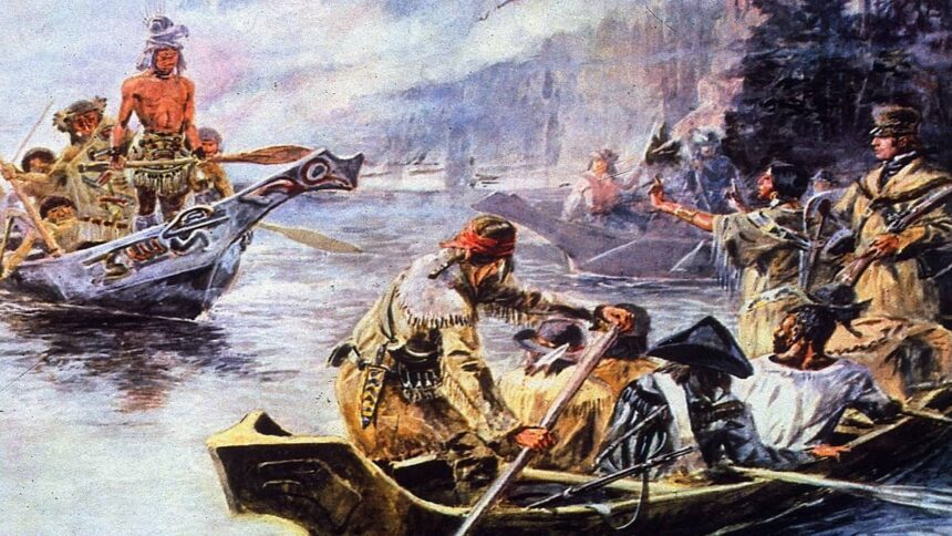 Lewis ve Clark'ın Columbia Nehri üzerindeki resmi. Charles Russell tarafından yapılmıştır.