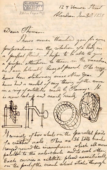 Maxwell'in Kelvin'e yazdığı başka bir fırıldak şeması içeren 1858 tarihli mektup, ''duyarlı putperestleri bilgilendirmek için'' Satürn'ün halkalarının bileşimini ve istikrarının Maxwell'ce tanımını örnekleyen mekanik modeli göstermektedir