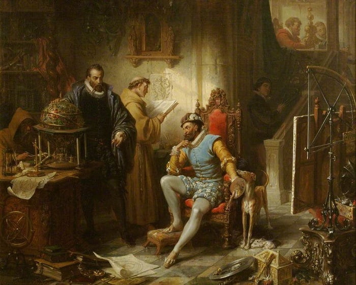 Tycho Brahe, 'Tychonic Sistemini' İmparator II. Rudolf'a Prag'da sergiliyor