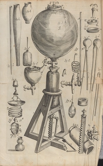Boyle için Robert Hooke tarafından özgün hava pompası ya da vakum haznesi. Boyle bunu New Experiments Physico-Mechanical'da aktarılan deneyleri yapmak için kullandı