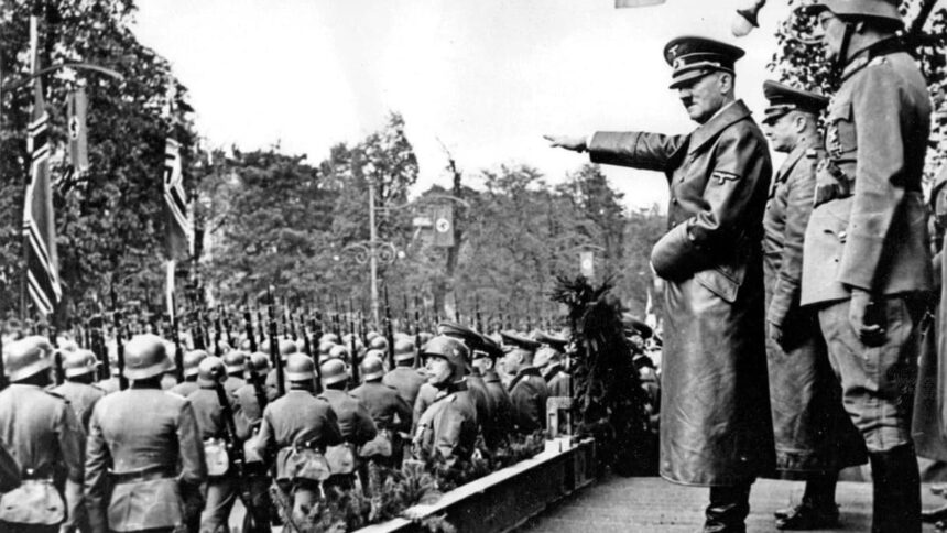 cropped scope ambitions Adolf Hitler troops photograph Germany 1938 min