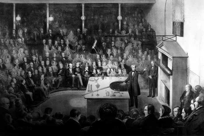 Kraliyet Enstitütü'nde 27 Aralık 1855'te konferans verirken gösteren taşbaskı 