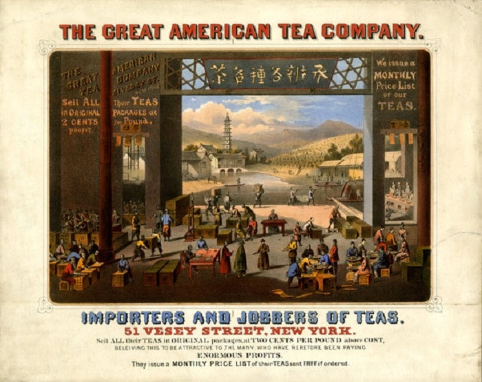 ''The Great American Company''nin bu afişiniden görülebileceği gibi 18. yüzyılın başlarında çay Amerika'da popüler bir içecek haline gelmişti