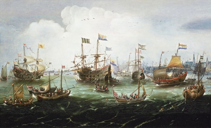 Hollanda Doğu Hindistan Kumpanyası filosunun 1599 yılında Amsterdam'a dönüşünü gösteren resim