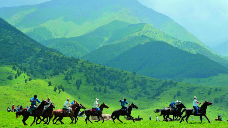 kırgızistan dağ ovasında halk at sürüyor