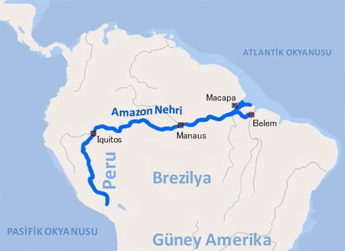 Amazon Nehri haritasına göre nehrin konumu ve geçtiği ülkelerden bazıları.