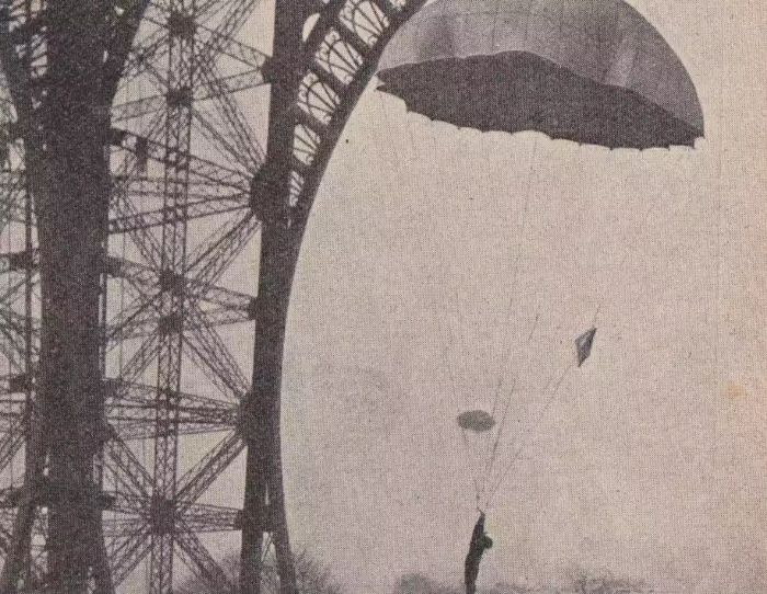 1900'lerde kuleden paraşüt atlayışı yapan bir adam