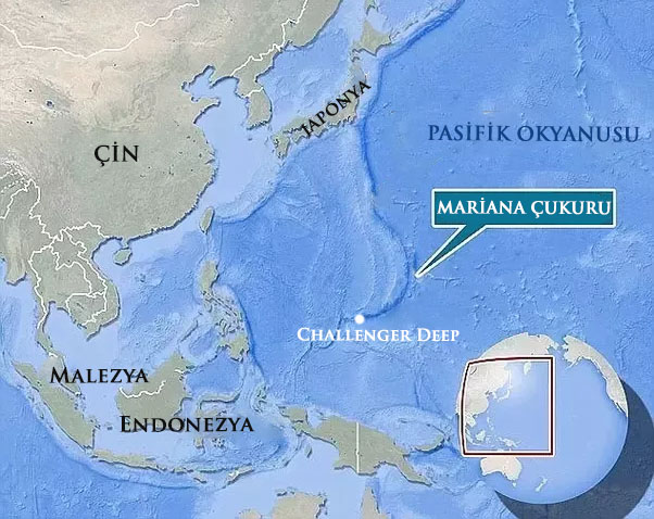Mariana Çukuru batı Pasifik Okyanusu'nda bulunuyor ve hilal şekliyle biliniyor