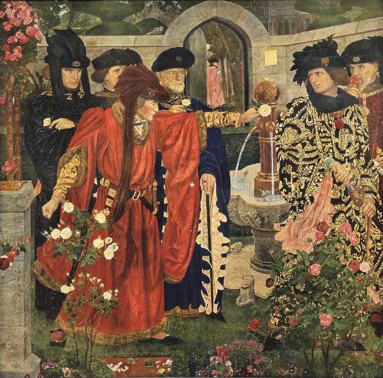Güller Savaşı resminde York'lu Richard, Somerset 2. Dükü Edmund Beaufort'a, York Hanedanı Beyaz Gülü ile Lancaster Hanedanı Kırmızı Gülü arasında seçim yapması için meydan okuyor. Kurgusal sahne Shakespeare'in VI. Henry oyununda tasvir edildi (1591).