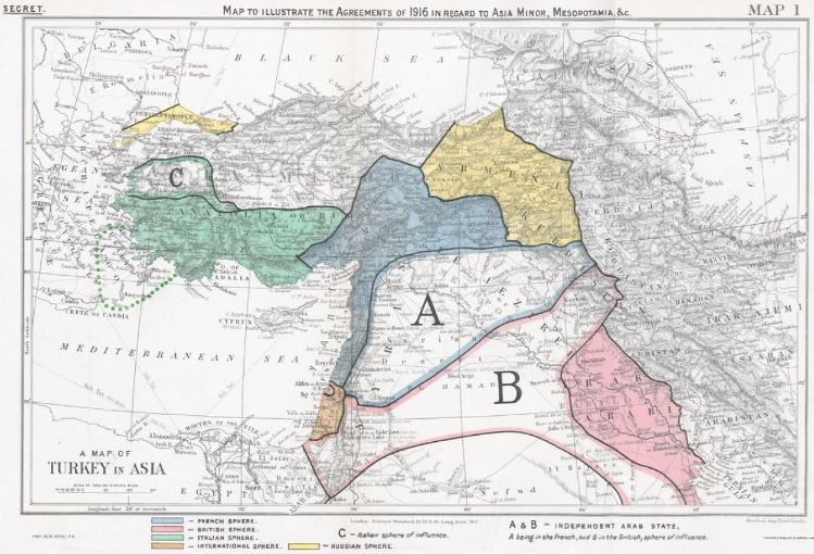 Sykes-Picot antlaşması ile mavi bölge Fransa, pembe Britanya, yeşil İtalya, sarı Rusya ve kahverengi alan uluslararası yönetime bırakılmak istenir. 