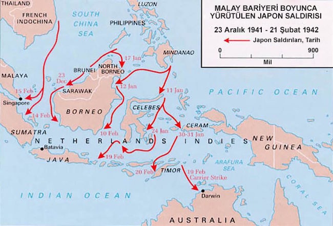 Cava Deniz Muharebesi sırasında Japon saldırılarını gösteren harita