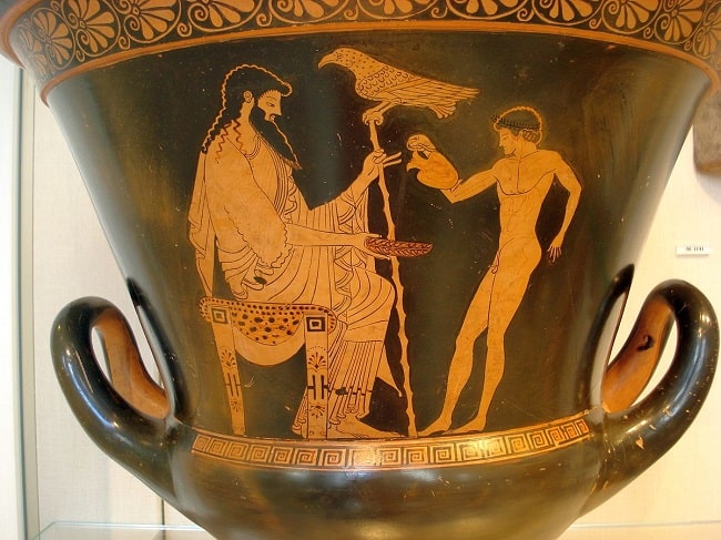 Zeus ile genç Ganymede'nin öyküsü, özellikle akıl hocası ile öğrencisi arasında olan türden bir ilişki ile bağlantılı olarak eşcinselliğin kabul gördüğü Yunan kültürünü yansıtır (New Yor Metropoliten Müzesi'nde sergilenen MÖ 485 civarına ait çömlek)