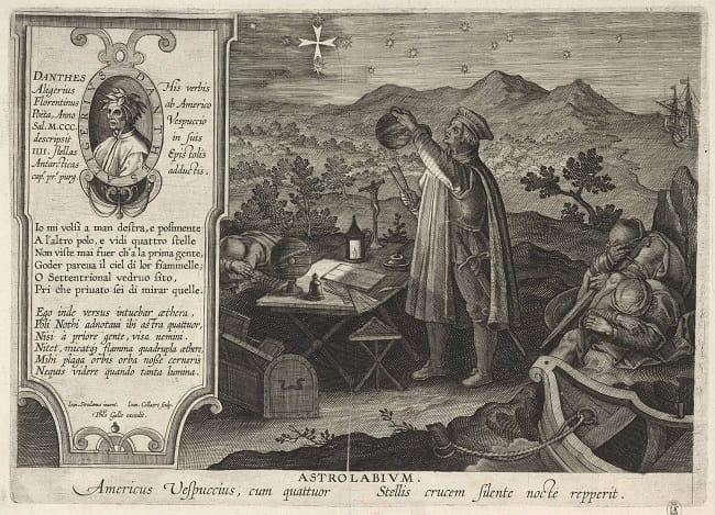 Amerigo Vespucci usturlap (Southerne Retectio) ile Güney Haç takımyıldızını bulur, 1591. Sanatçı: Galle, Philipp (1537-1612)