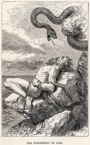 Louis Huard'ın 1900 tarihli bu gravürde, düzenbaz tanrı Loki, Asgard'ın tanrıları tarafından cezalandırılır