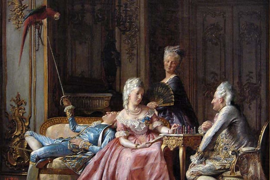 Kraliçe Caroline Matilda ile Johann Friedrich Struensee'yi satranç oynarken gösteren 19. yüzyıl tablosunda Kral VII. Christian papağanla oynuyor.