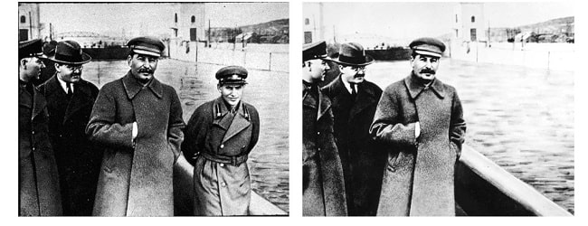 Stalin'in sağında resmedilen Nikolai Yezhov, daha sonra Moskova Kanalı'ndaki bu fotoğraftan çıkarıldı.
