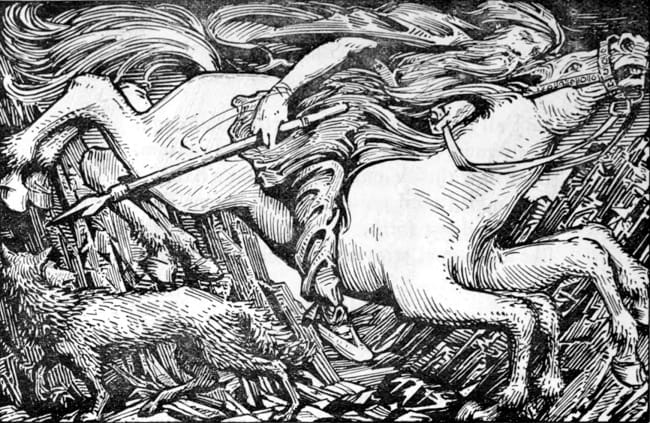 Manzum Edda'nın 1908 baskısındaki bu resimde Odin, sekiz bacaklı atı Slepnir'e binip, Hel'e gider