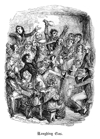 ABD ve İngiltere'de seyircilerin gülme gazı kullandığı kullandığı sergi ve konferanslar düzenleniyordu. İngiltere'de karikatürist sanatçısı Cruikshank bu gazı kötüye kullananları hicvetti.