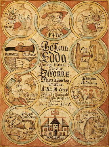 İlk olarak 1220'de Snorri Sturluson tarafından yazılmış olan Mensur Edda'nın 1666 baskısı