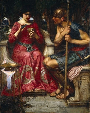 John William Waterhouse'un 1907 tarihli tablosunda İason ve büyücü karısı Medea resmediliyor