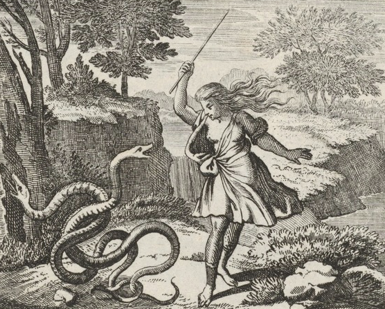 1690'lara ait bir gravürde, çiftleşen iki yılana vurduktan sonra kadına dönüştürülen Tiresias görülmektedir