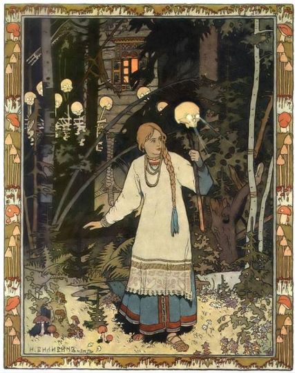 Ivan Bilibin (1902) tarafından tasvir edilen resimde Baba Yaga'nın kulübesinin dışındaki kahraman Vasilisa görülüyor.